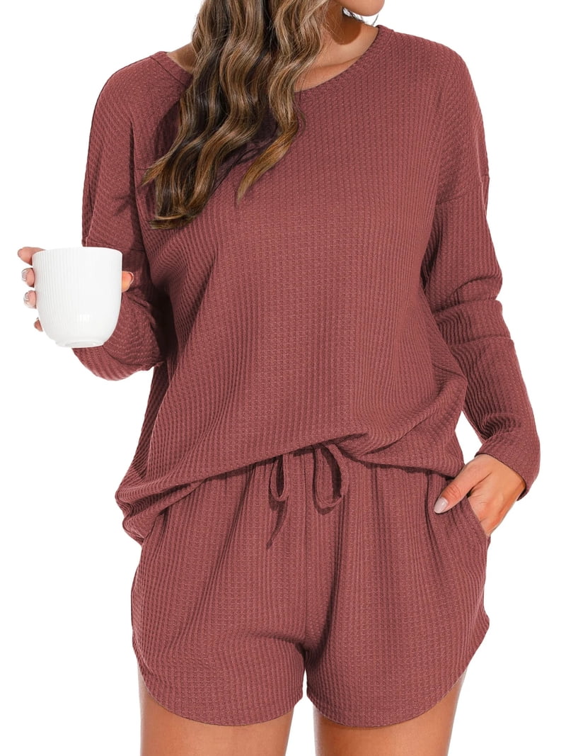 Lziizl Women's Waffle Knit Pajamas Set - Long Sleeve Top & Shorts With Pockets, Comfy Loungewear For All Seasons