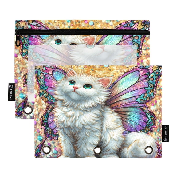 2 Pack 3 Ring Binder Pouch with Clear PVC Window Water Resistant Zipper Pencil Pouch Colorful Winged Cat Binder Pocket for Classroom Office Home Stationery Organization
