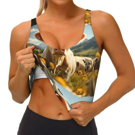 Qokaie Sunflower Cow Pasture Pattern Womens Scoop Neck Sports Bra Breathable Workout Vest Padded U Back Medium Impact Fitness Gym Yoga Bra Workout Crop Top