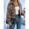 thumbnail image 4 of Women'S Long Sleeve Cropped Flannel Plaid Shacket Button Down Plaid Crop Short Jacket Coat Brown S, 4 of 10