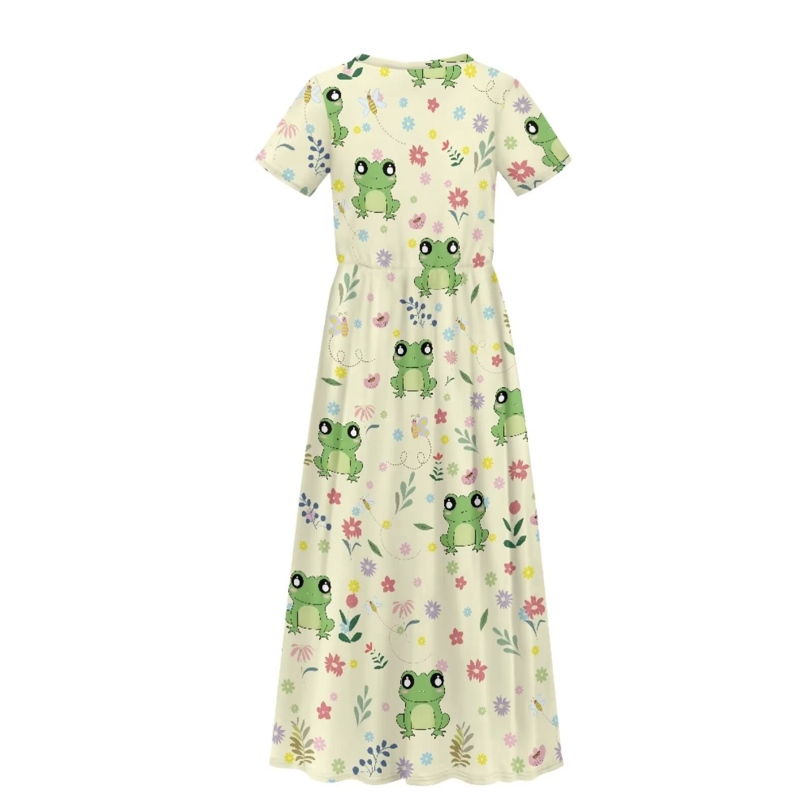 Uourmeti Girls Elegant Maxi Dress, Cute Frog Floral Printed Short Sleeves Dress with Pockets Summer Long Holiday Dresses, Size 9-10 Years