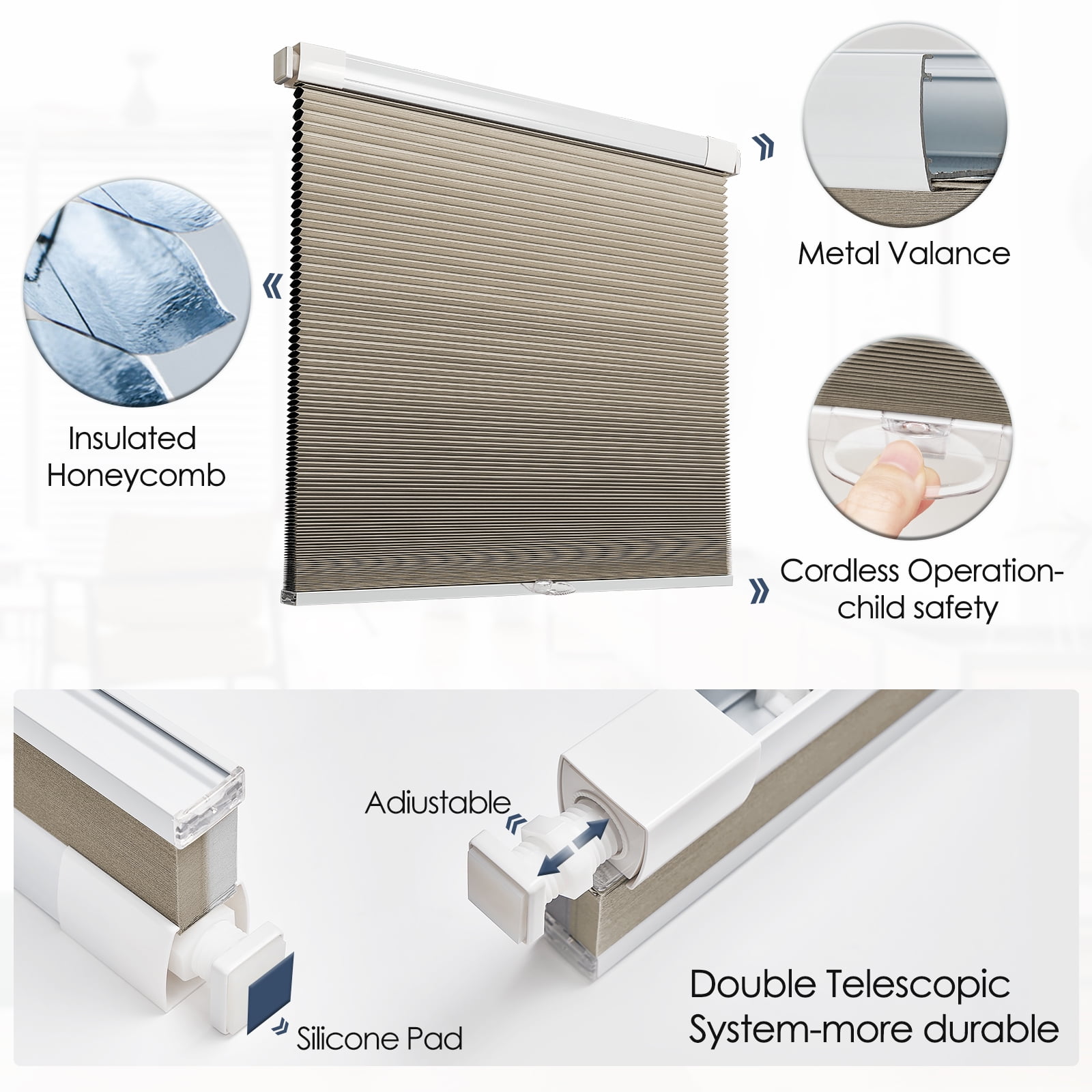 Keego No Drilling Cordless Cellular Shades Honeycomb Window Blinds Easy Installation Heat Insulating Noise Reducing Curtains Blackout Bisque, 51.0"w x 36"h