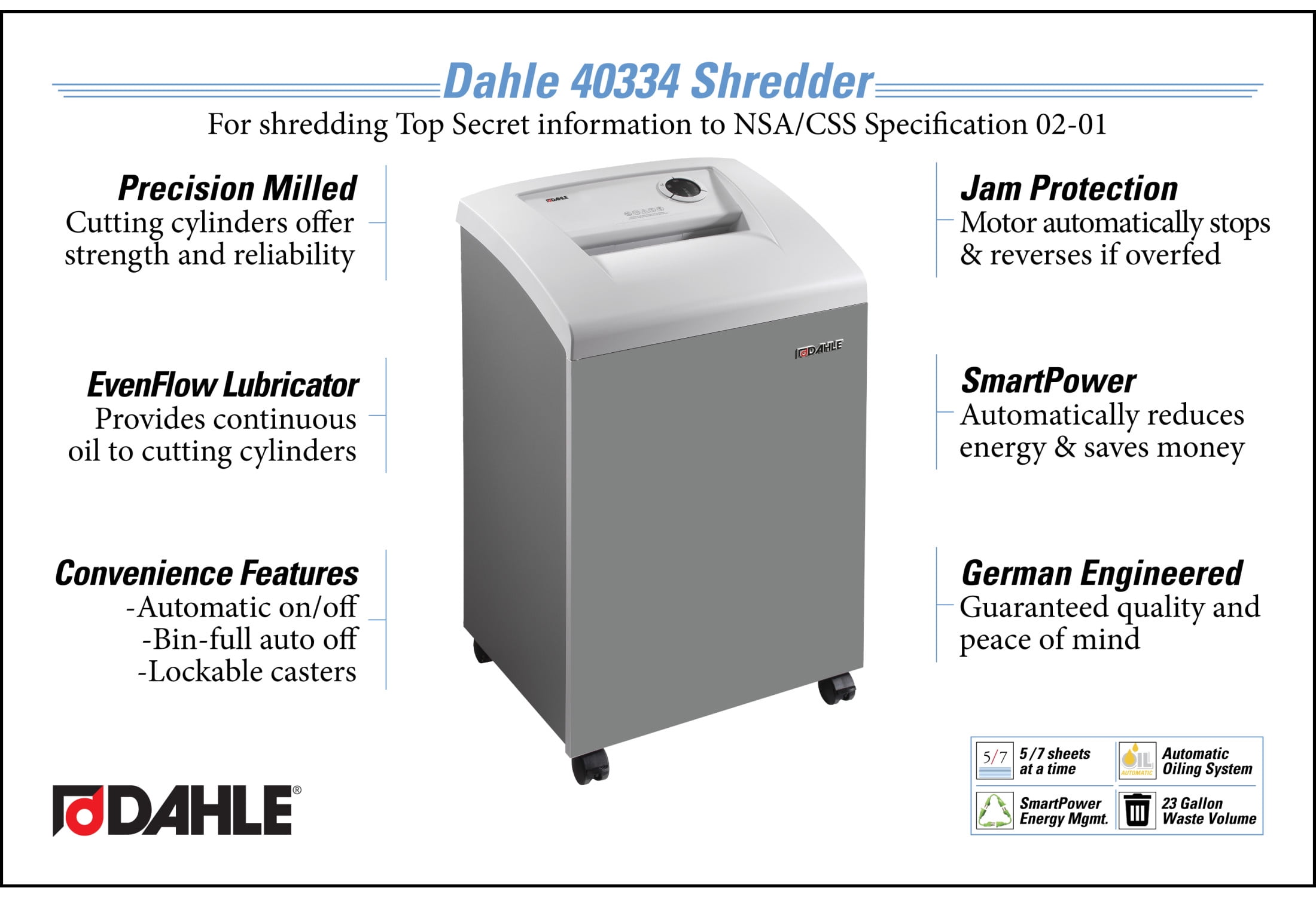 Dahle 40334 High Security Paper Shredder w/Auto Oiler, NSA/CSS 02-01, 5 Sheet Max, Level P-7