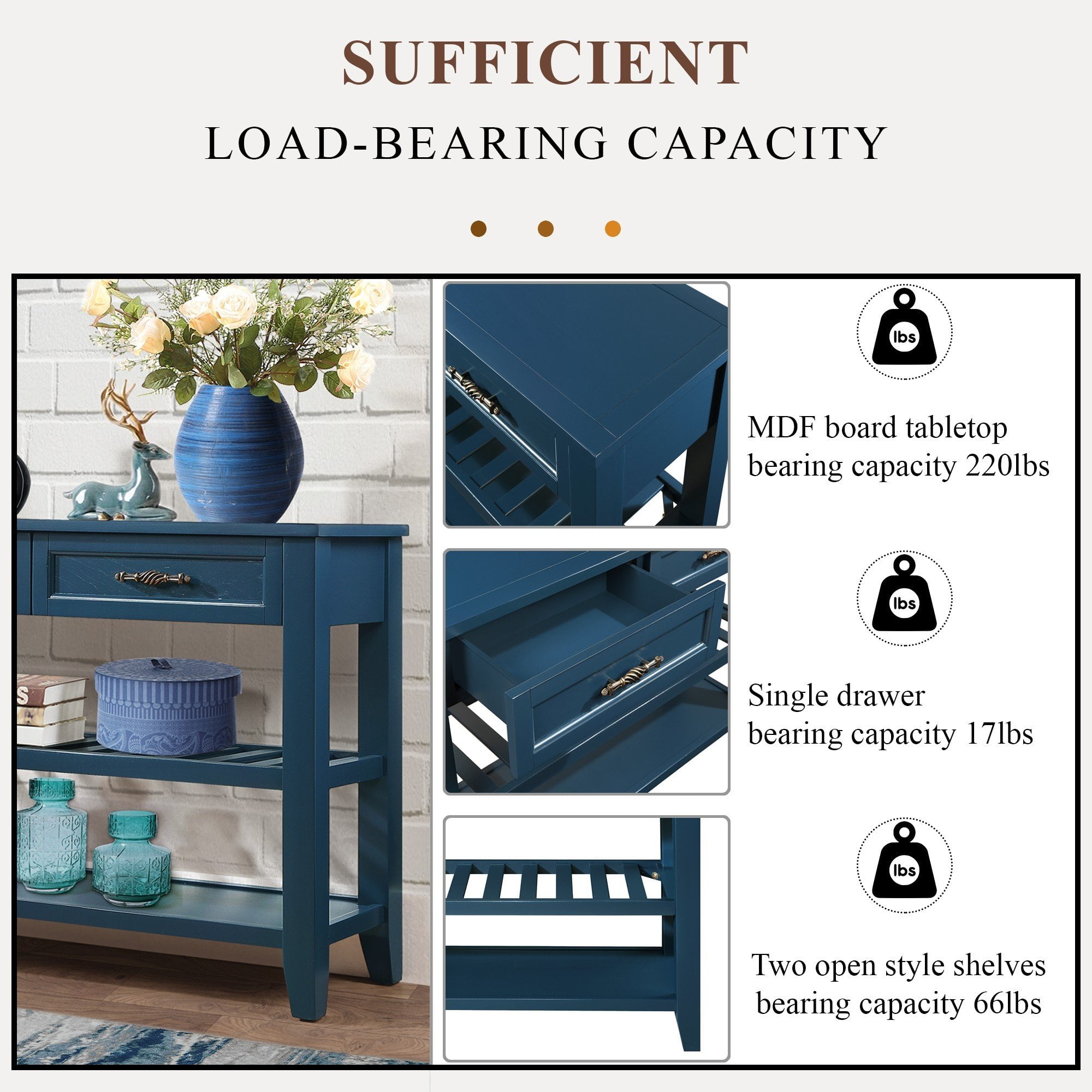 Aukfa 42" Console Table with 2 Drawers, Entryway Sofa Table for Living Room, Long Wooden Hallway Side Table,Navy Blue