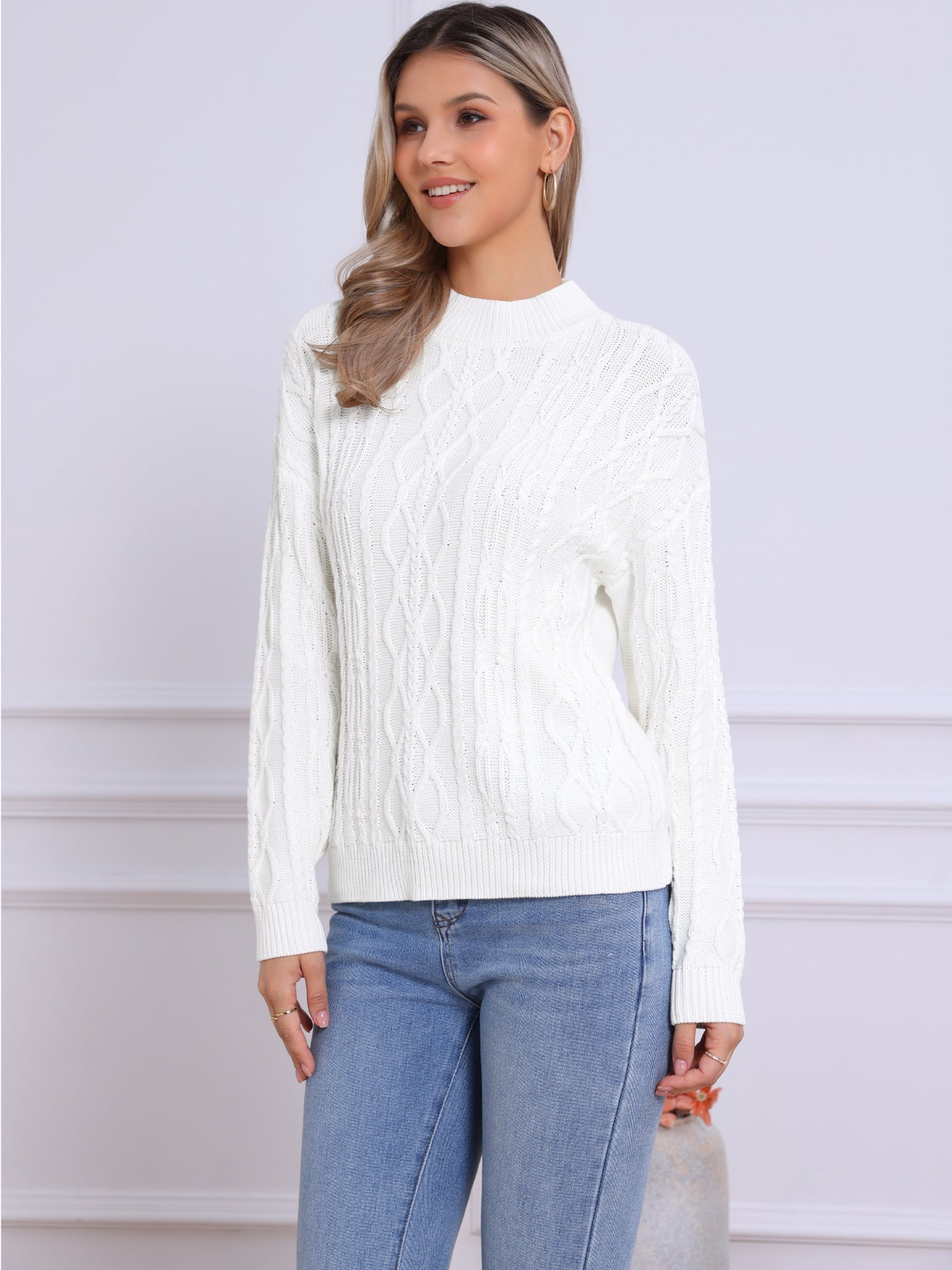 DARING DIVA Women's Cable Vintage Woven Crewneck Pullover Knitted Tops M White