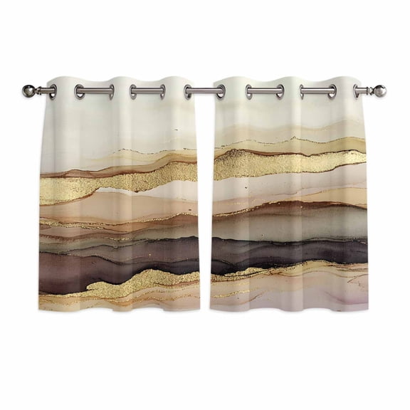 Marble Brown Gold Kitchen Curtains Short 54 Inch Length, Abstract Watercolor Geometric Rock Grommet Top Bedroom Living Room Curtains, Light Filtering Cafe Curtain Drapes 2 Panels Set 84''x54''