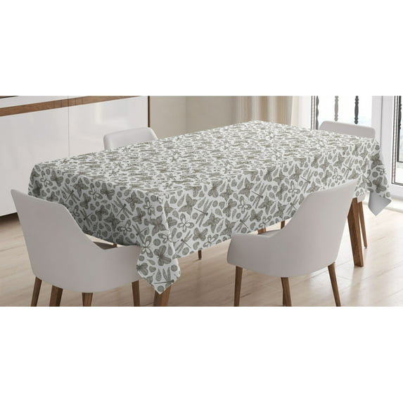Butterfly Tablecloth, Botanical Themed Nature Pattern with Dragonfly Flourish Hearts and Leaves, Rectangle Satin Table Cover for Dining Room and Kitchen, 52" X 70", Slate Brown White, by Ambesonne
