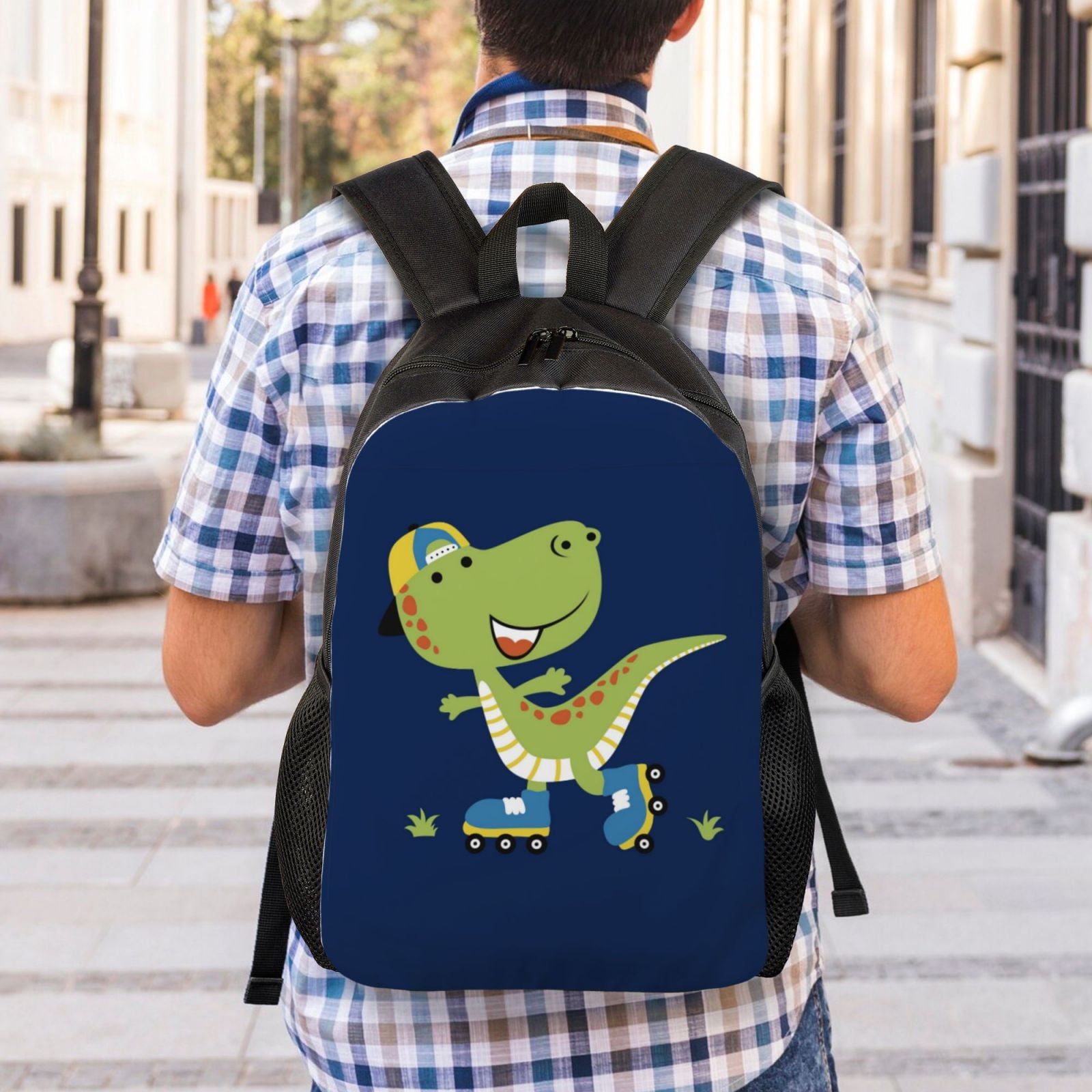 Xecao Dino Playing Roller Skate Print School Backpack with Laptop Compartment Small Travel Laptop Backpack for Women Men Waterproof College Backpack Simple School Bag