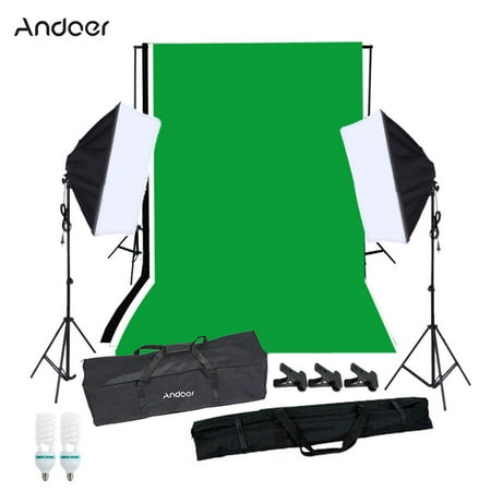 Andoer Photography Softbox Lighting Kit with Studio BackgroundPhotography Studio Portrait Product Light Lighting Tent Kit Photo Video Equipment(2 * 125W Bulb+2 * Sofbox with Single Bulb Socket+3 *