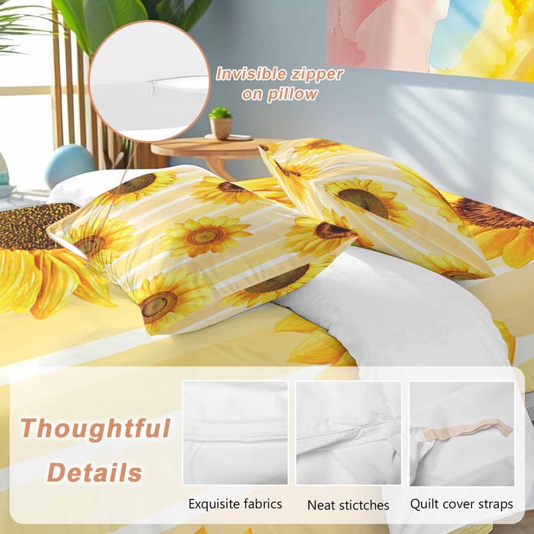 Sunflower Duvet Cover Set – Yellow Floral Queen Size, 3-Piece Microfiber Bedding