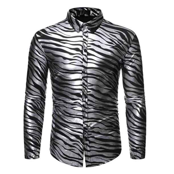 Blusa y camisa de manga larga con cuello alto para hombre, informal, lisa, a la moda, a rayas, con mangas color bronce, para fiesta, baile, disfraz, blusa para hombre