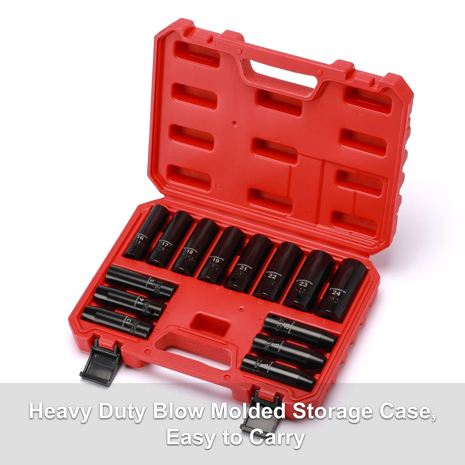CASOMAN 14-Piece 1/2-inch Drive Deep Impact Socket Set, 10mm-24mm, 6-Point, Metric, Cr-V