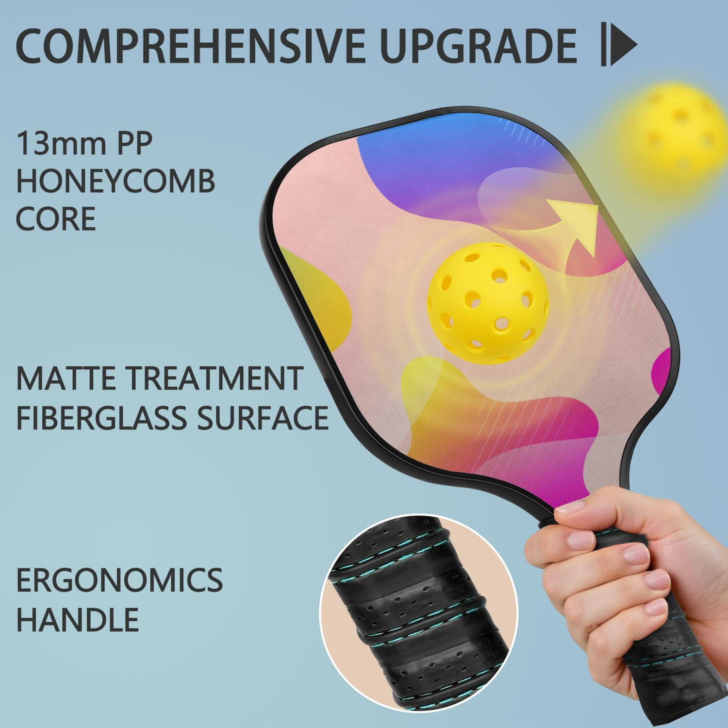 Pickleball Paddles Set Of 1, Fiberglass Surface, Neon Fluid Print, 1 Paddle, 2 Balls & Bag