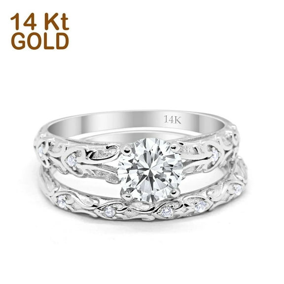 Two Piece Art Deco Set Wedding Band Round Ring CZ 925 Sterling Silver Size 5