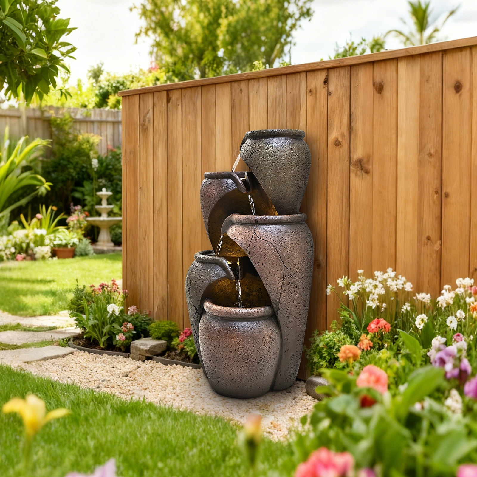 28" Outdoor Garden Water Fountain for Patio, Backyard, Deck, Porch and Home Decor, 4 Tiers Cascading Clay Pot Fountain with Lights & Pump