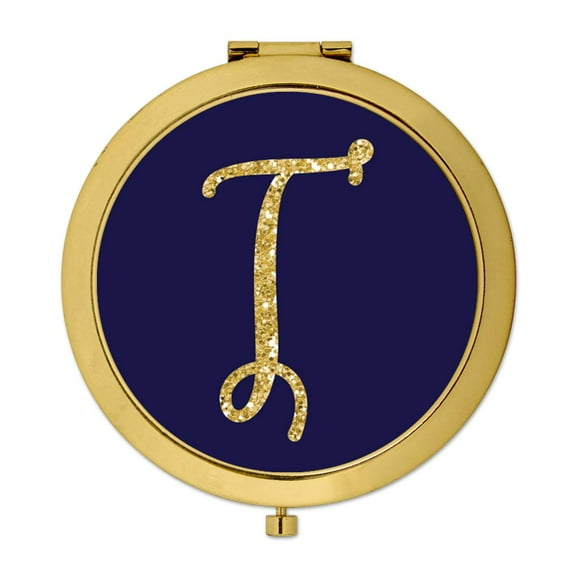 Koyal Wholesale Gold Compact Mirror Bridesmaid's Wedding Gift, Navy Blue | Faux Gold Glitter, Monogram Letter T, 1-Pack