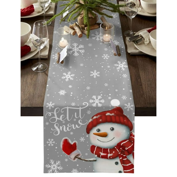 Christmas Snowman Table Runner Xmas Let Snow Winter Snowflake Grey Tablerunners 16 x 72 Inch, Table Decorations Tabletop Scarf for Summer Gathering Holiday Farmhouse Kitchen Dining Decor
