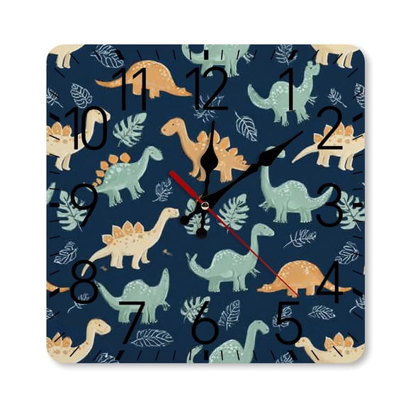 RKSupls 10×10inch Square Silent Wall Clock Wooden Frame, Dinosaurs Leaves Pattern Scale Decorative Clock for Home Bedroom Living Room Office