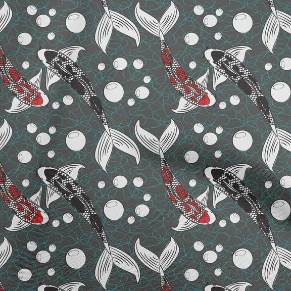 oneOone Polyester Spandex Gray Fabric Asian Japanese Koi Fish Dress Material Fabric Print Fabric By The Yard 56 Inch Wide
