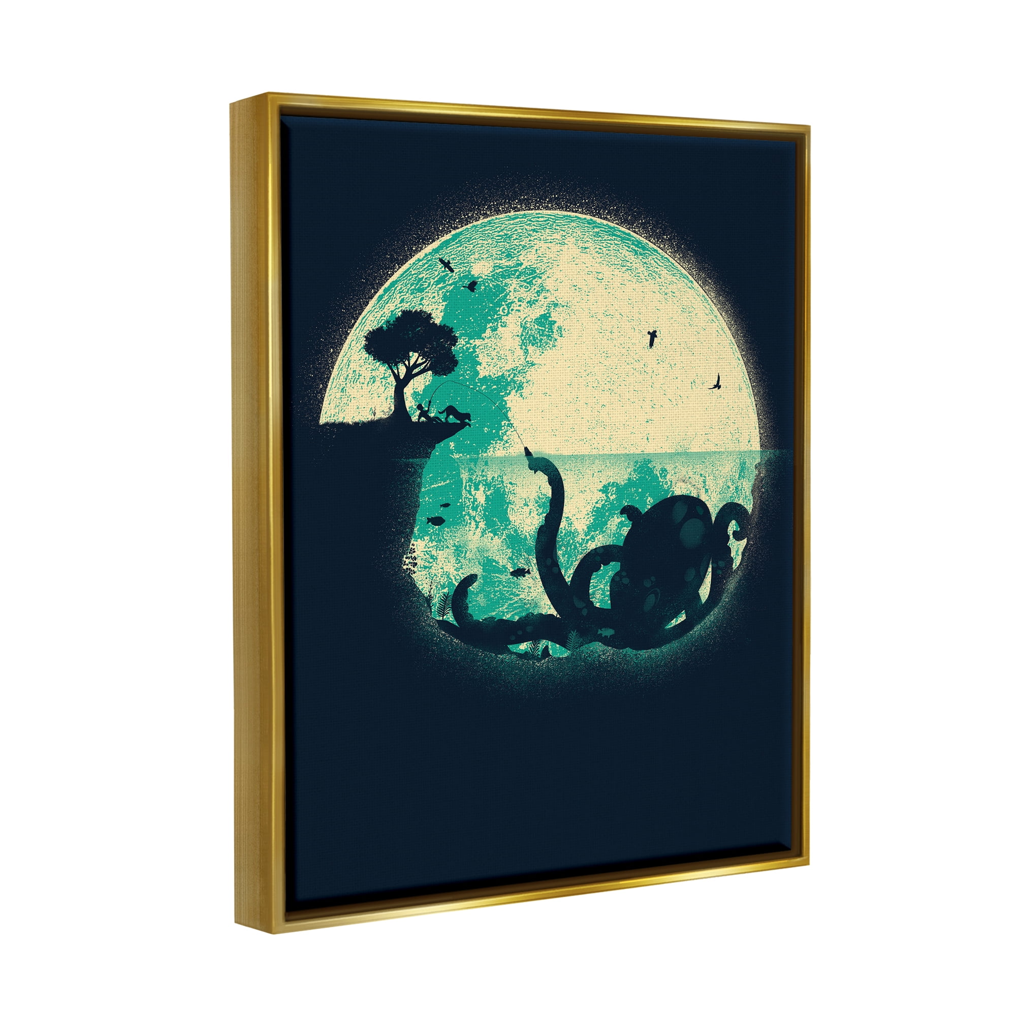 Stupell Industries Fishing Giant Octopus Animals & Insects Painting Gold Floater Framed Canvas Art Print Wall Art, 17 x 21
