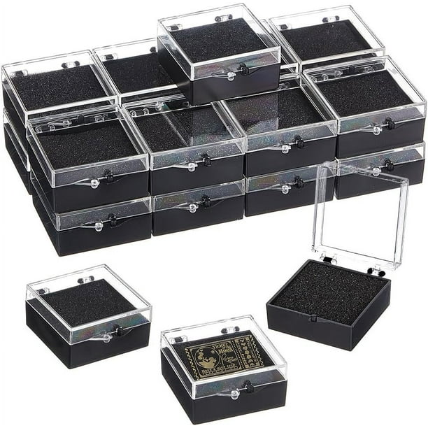 20 cajas de regalo de plástico transparente para pines (2 x 1,7 x 0,9 pulgadas), cajas de presentación negras para insignias, pines de solapa transparentes, estuche de exhibición.