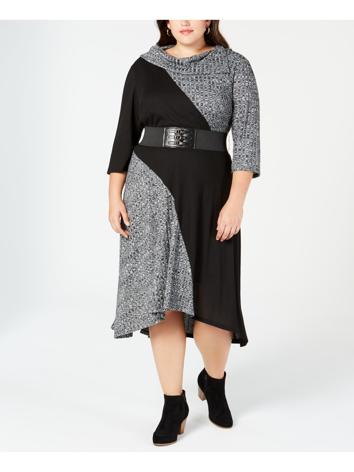 Photo 1 of ROBBIE BEE Womens Black Belted Sweater Color Block 3/4 Sleeve Cowl Neck Midi Dress Petites Size: 2X