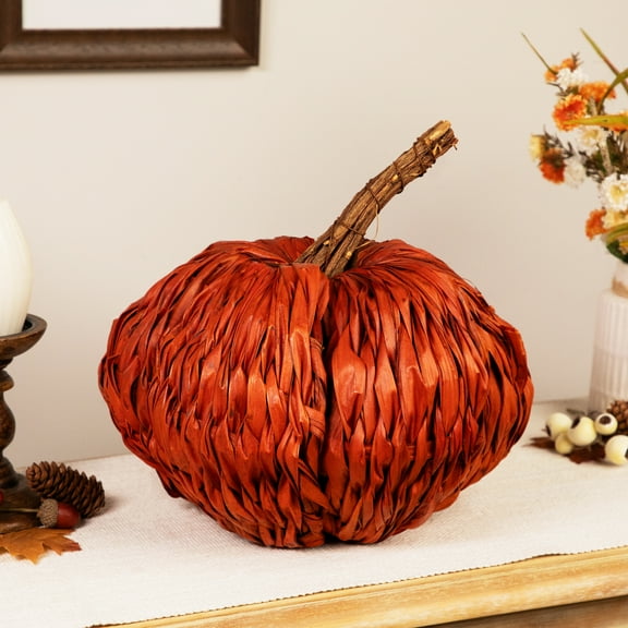 Autumn Harvest Woven Pumpkin Decoration - 8.5" - Orange