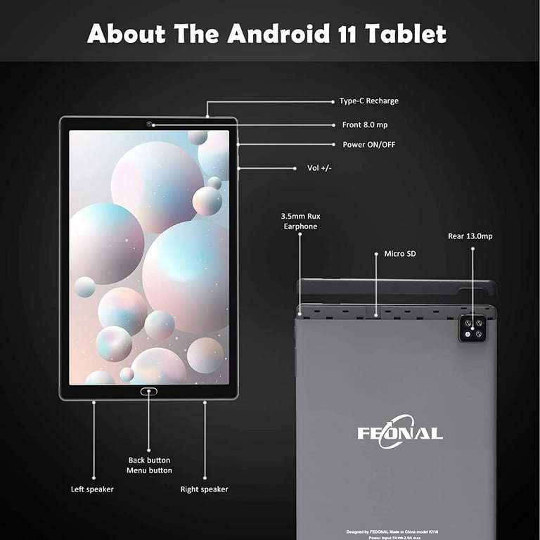 Feonal Android 11 Tablet 10 inch Tablet with Keyboard and Mouse Support 5G Wifi 4GB RAM 64GB ROM Quad Core Bluetooth Gray Father's Day Gift
