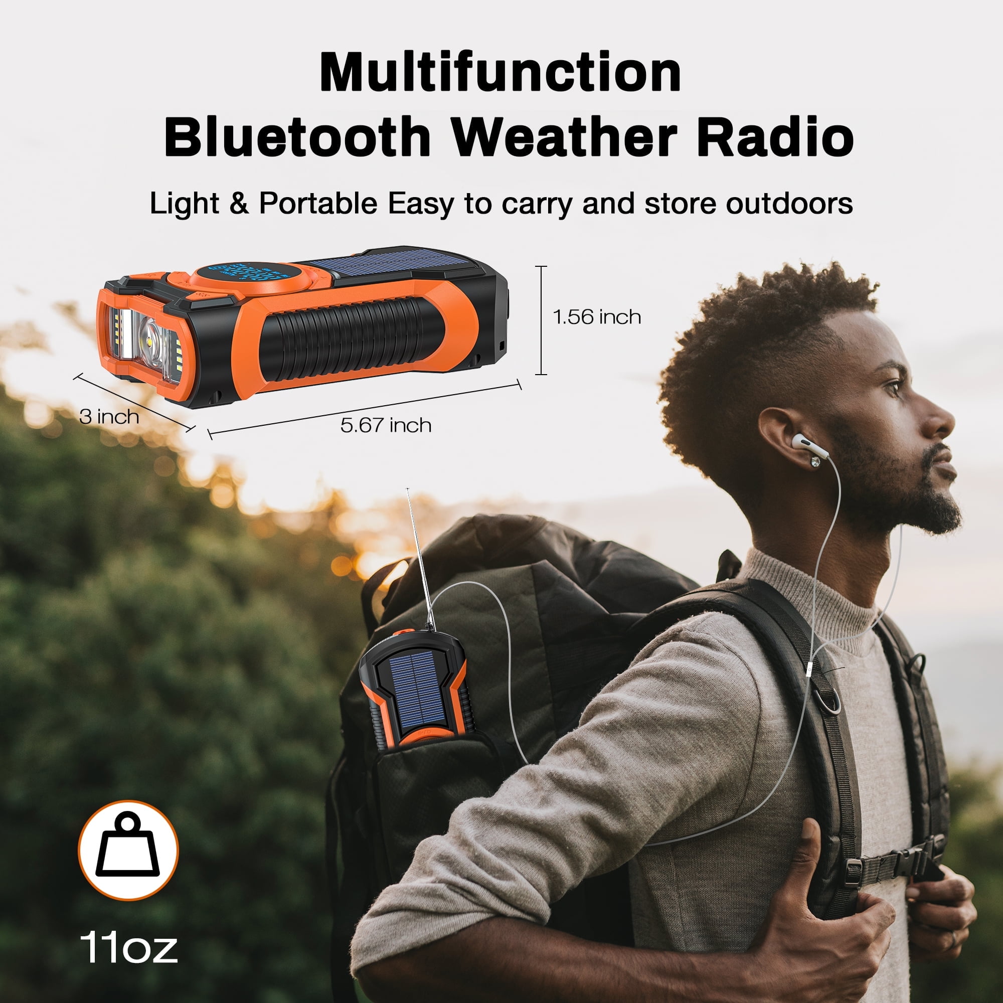 TOPVISION Emergency Radio, Bluetooth Weather Radio with NOAA/AM/FM, Solar/USB-C/Hand Crank Charging, SOS Alarm, Waterproof Flashlight, Headphone Jack, Portable Radio for Home, Camping & Outdoor
