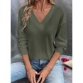thumbnail image 5 of Womens Waffle Knit Tops Fashion Long Lantern Sleeve Casual Blouses V Neck Oversized T Shirts  Green S, 5 of 6