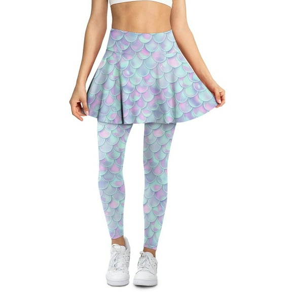 COEQINE Women Elastic Yoga Skirted Legging with Pockets Ruffle Pleated High Waist Tennis Leggings with Skirts Beauty Fish Scale Light Blue Purple Print Golf Skort Pants, XS