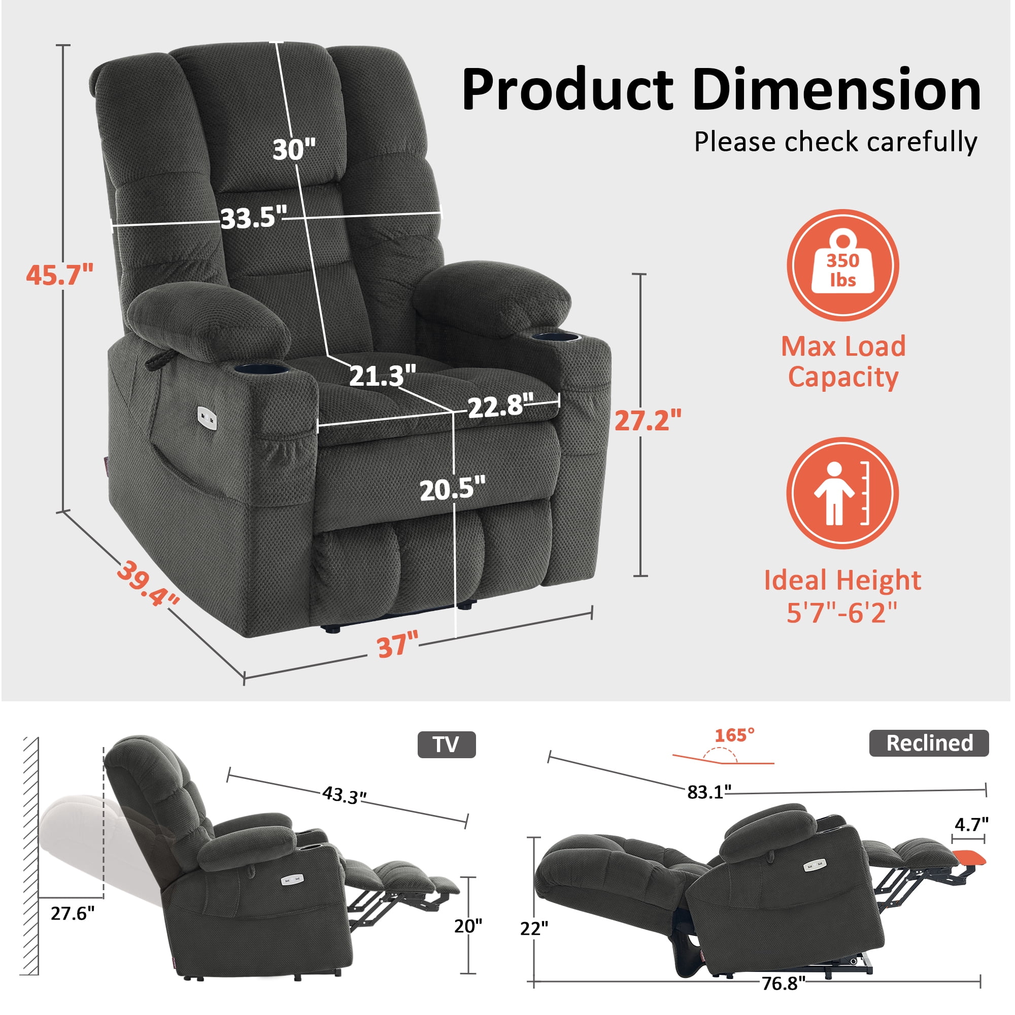 MCombo Large Triple Motor Power Lift Recliner for Big and Tall Elderly, Fabric, Grey