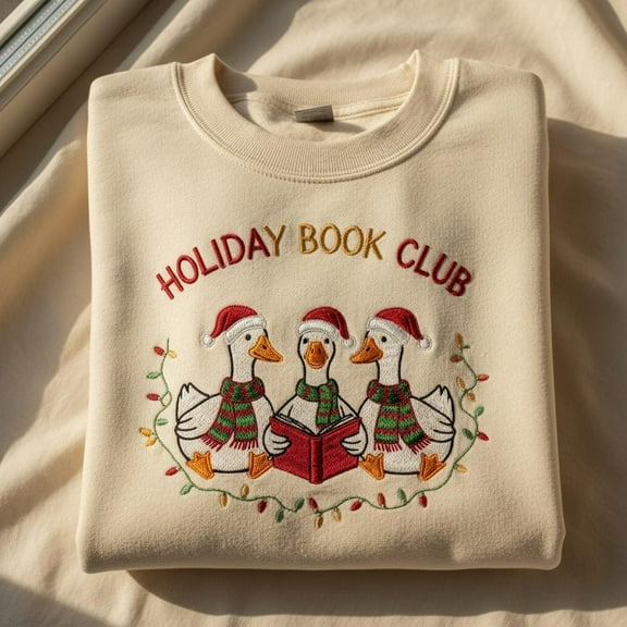 Holiday Book Club Embroidered Sweatshirt, Funny Goose Christmas Sweater, Reading Crewneck, Librarian Book Lover Gift