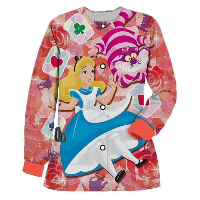 Chaqueta de uniforme de enfermera para mujer, estampado de Disney, Alicia en el país de las Maravillas, manga larga, cuello redondo, Top exfoliante, abrigo Dental, primavera y otoño