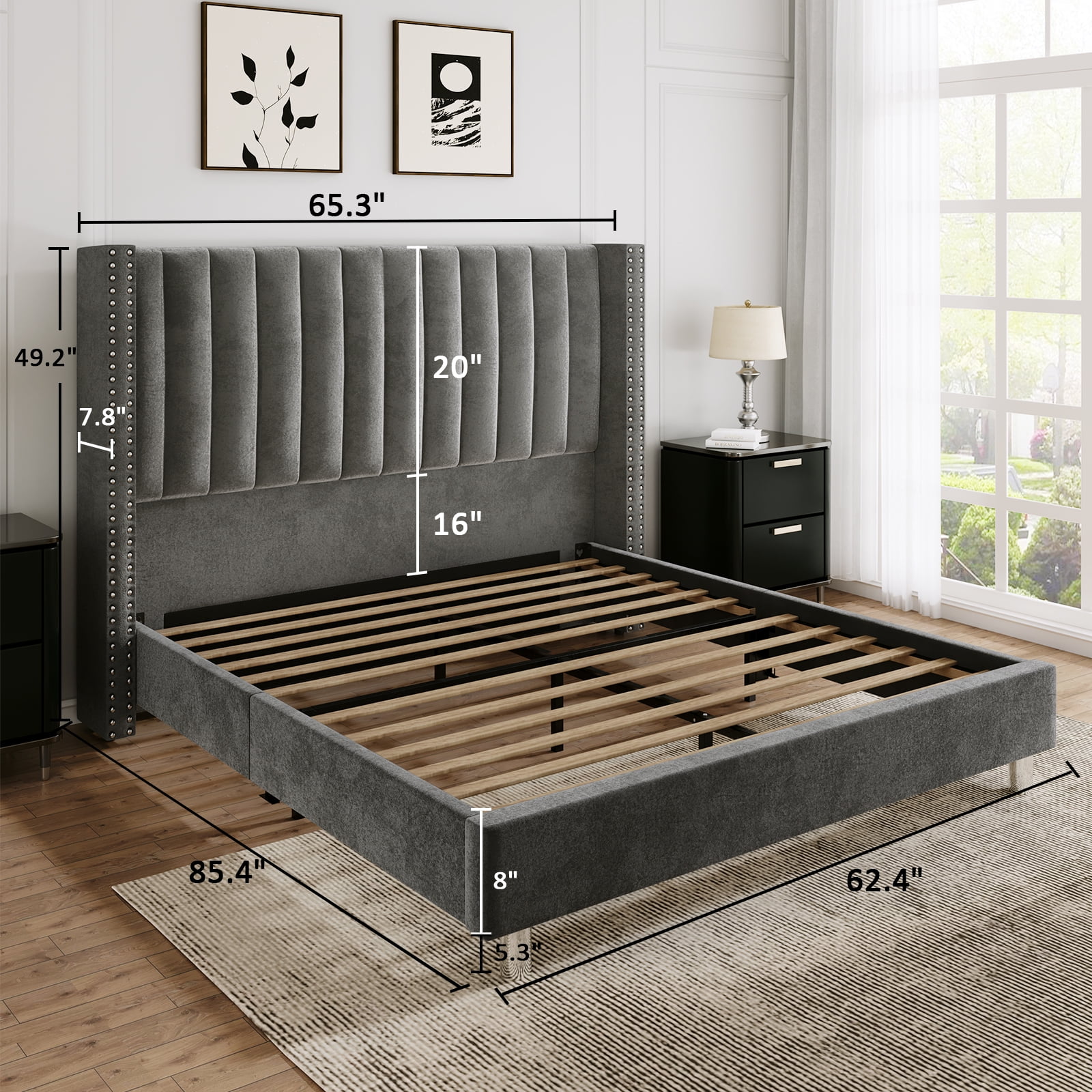 Merluxy Queen Velvet Channel Tufted Wingback Bed with Wood Slats and Metal Support, Dark Grey