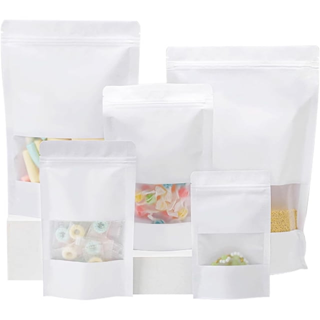 100 bolsas de papel kraft resellables, color blanco para almacenamiento de alimentos con ventana mate, cierre reutilizable con cremallera y sellado térmico para embalaje