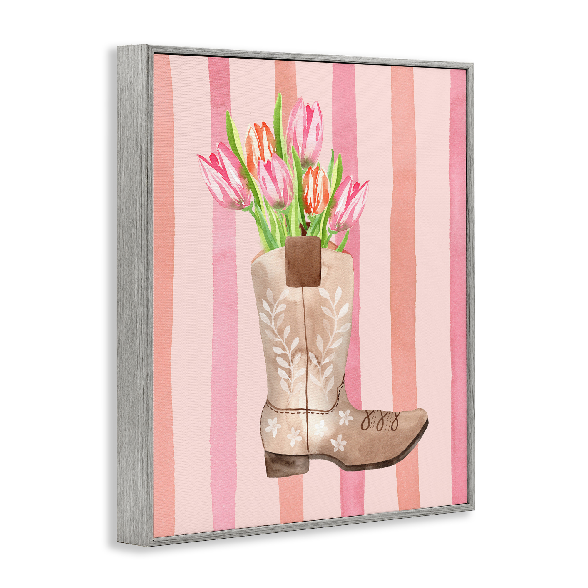 Tulip Cowgirl on Stripes Gray Framed Giclee Art, design by Nina Jacobs