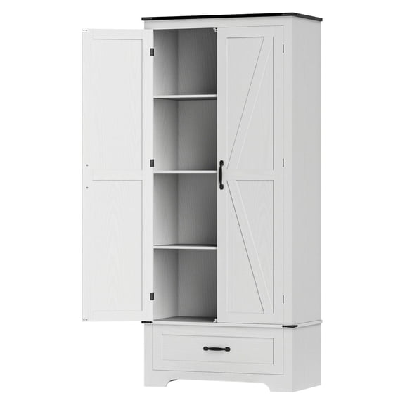 72" Farmhouse Pantry Cabinet, Kitchen Storage with Adjustable Shelves, Distressed White