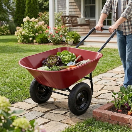 Resenkos Steel Frame Outdoor Hauling Wheelbarrow 2-Tire Heavy Duty Rolling Utility Cart for Soil Tools and Garden Supplies Red
