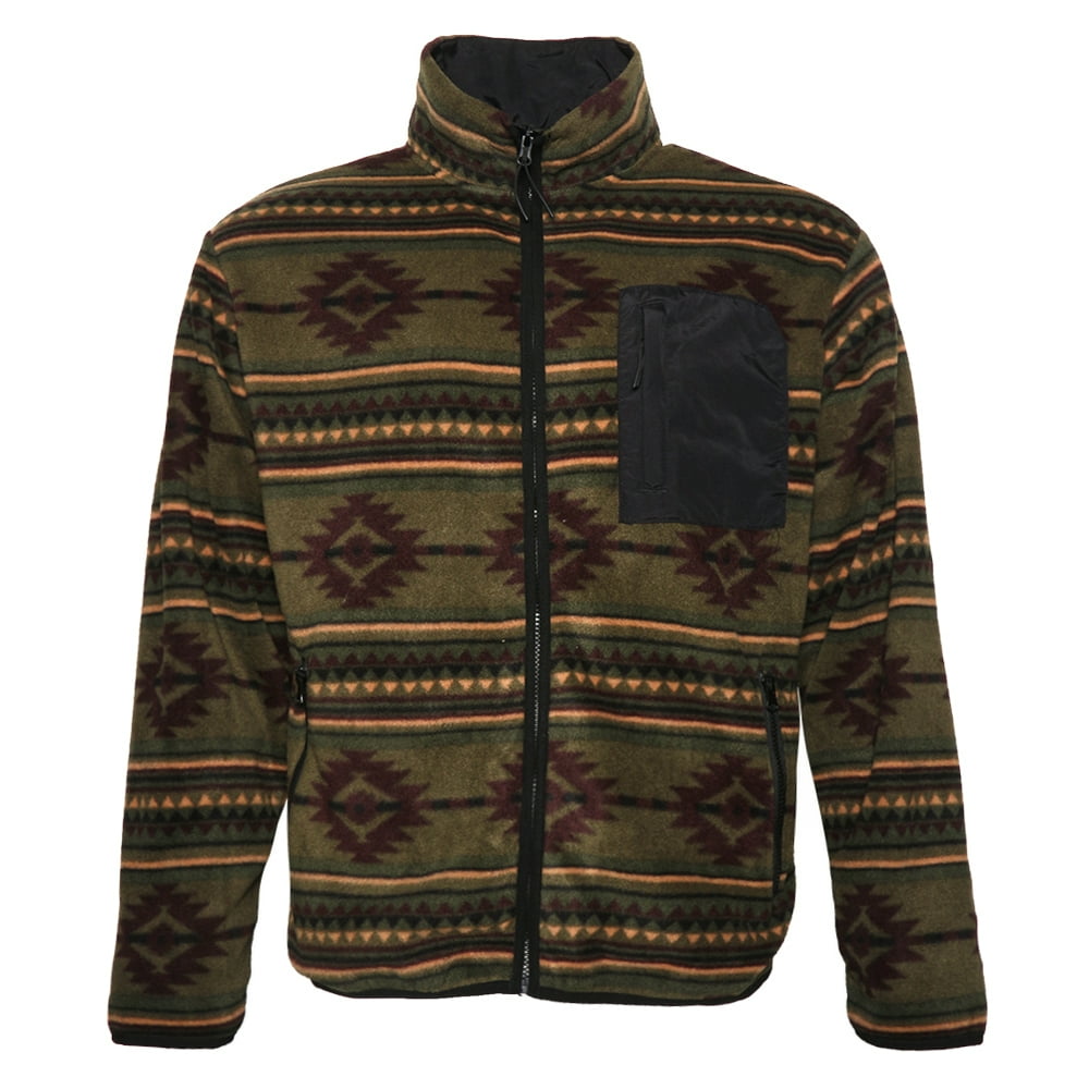 Mens Fleece Zipper Jacket Warm Aztec Geometric Print Zip Front Pocket