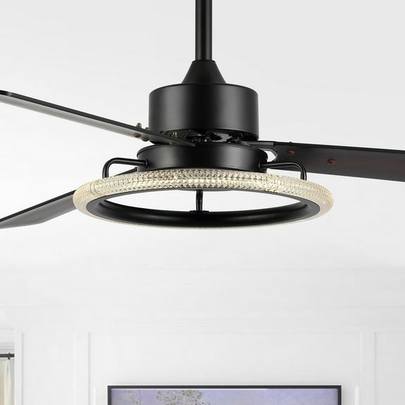 JONATHAN Y Remy 52" 1-Light Modern Industrial Iron/Acrylic/Wood Remote-Controlled 6-Speed Integrated LED Ceiling Fan, Black/Dark Brown Wood