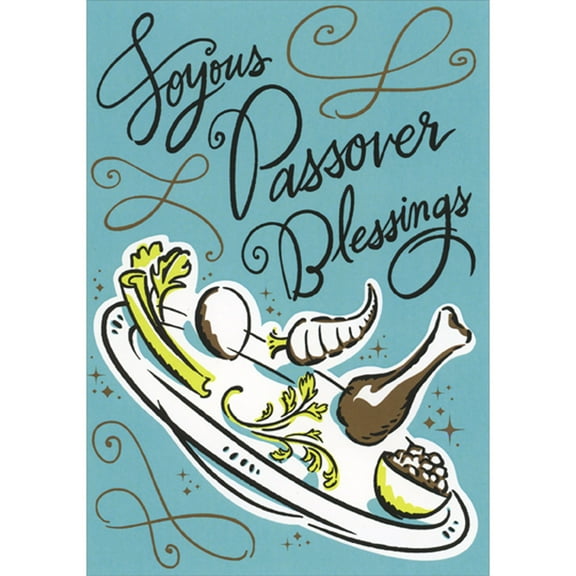 Designer Greetings Joyous Passover Blessings: Seder Plate with Green and Brown Food on Blue Background Passover Card to You and Yours
