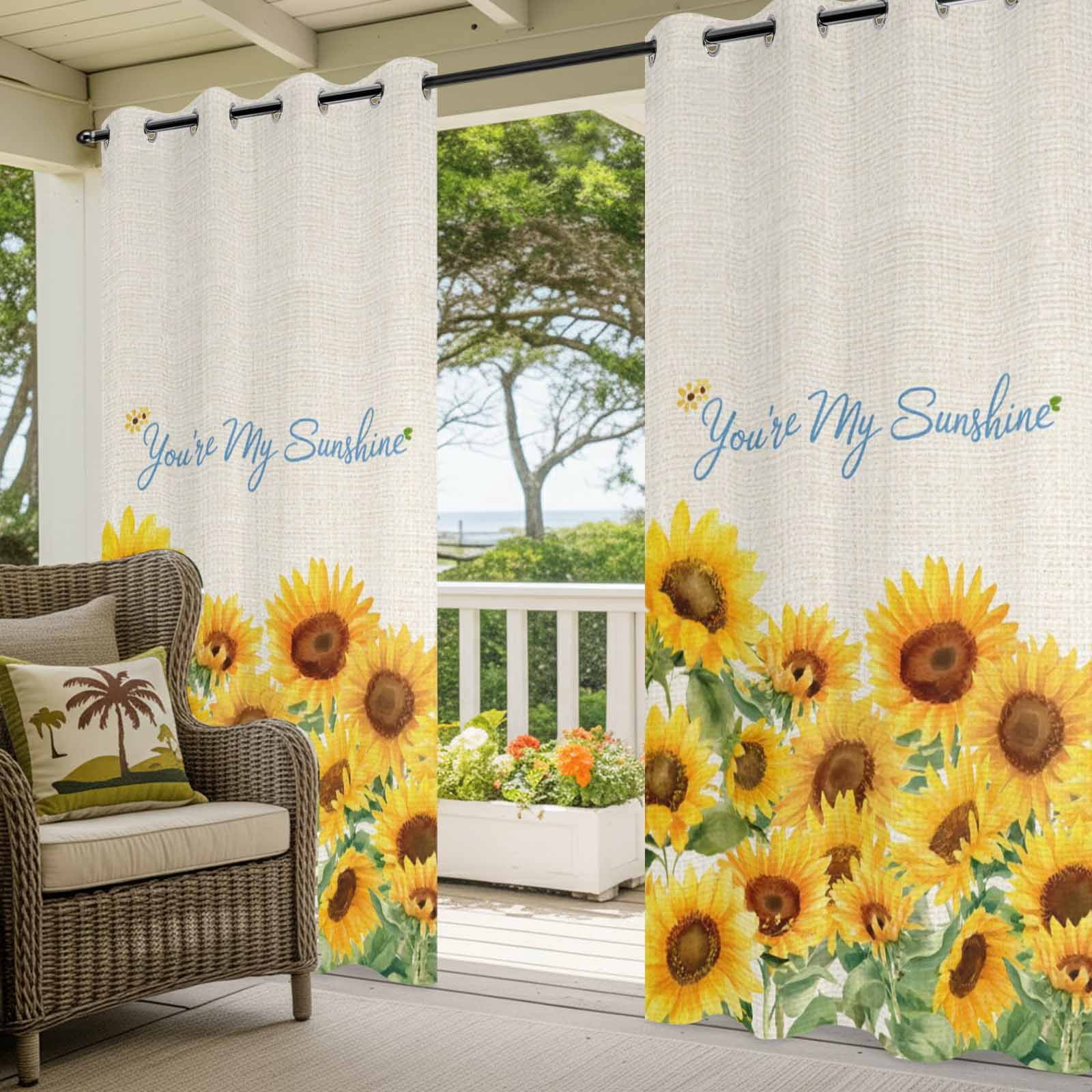 Summer Flowers Outdoor Curtains for Patio, Watercolor Sunflower Letter Print Green Leaf Waterproof Outside Curtains Privacy Blackout Curtain for Porch Pergola Cabana, 1 Panel 54W x 95L Inch