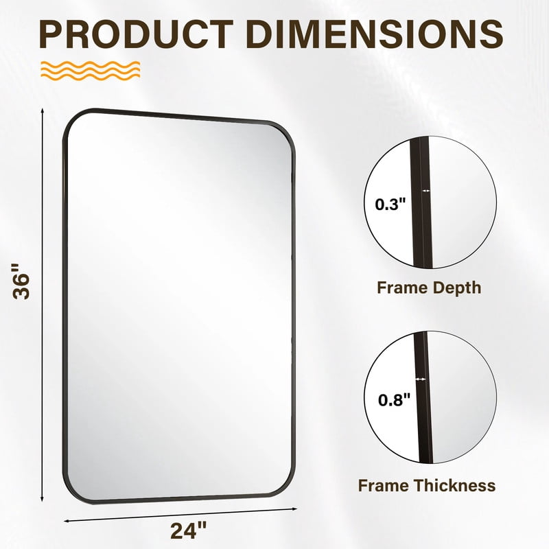 Easy4Home 36"x24" Rectangular Bathroom Mirror Hanging Rounded Corners Vanity Mirror Wall Mounted, Black