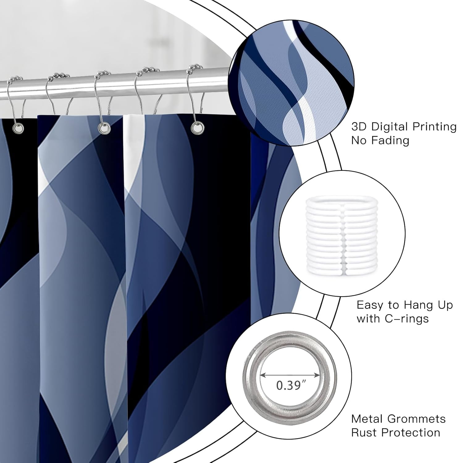 4PCS Navy Blue Bathroom Sets with Shower Curtain and Rugs, Abstract Striped Shower Curtain Sets with Rugs, Modern Luxury Bathroom Curtains Shower Set Accessories