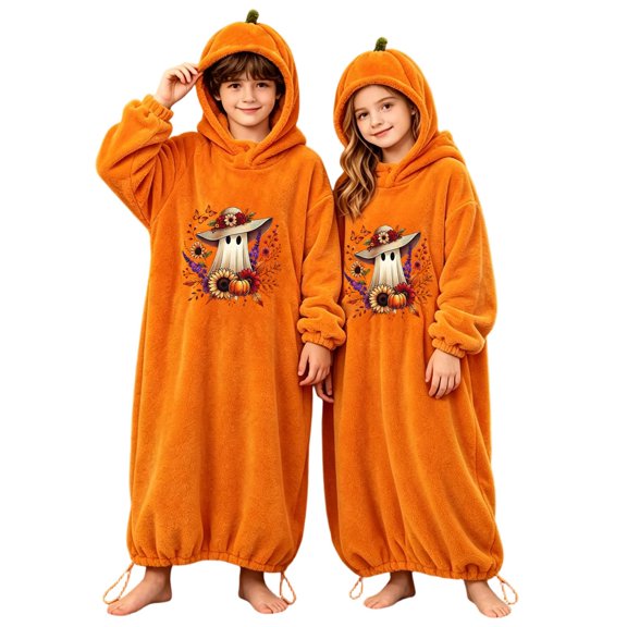 Afdoent Girls Halloween Pumpkin Jumpsuit Thick Winter Ghost Print Pajama Jumpsuit Fall Winter Loungewear Comfortable Kids Holiday Sleepwear 8-10 Years