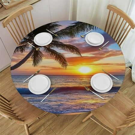 

Sheronv Palm Tree Sunset Round Table Cover Stain Resistant & Washable Indoor Outdoor Tablecloth for Kitchen Dining Wedding Parties 100% Polyester Waterproof 46 -50