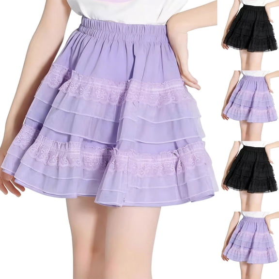 Purcolt Womens Fashion Mini Skirt Y2K Casual High Waist A-Line Elastic Waist Lace Puffy Skirt