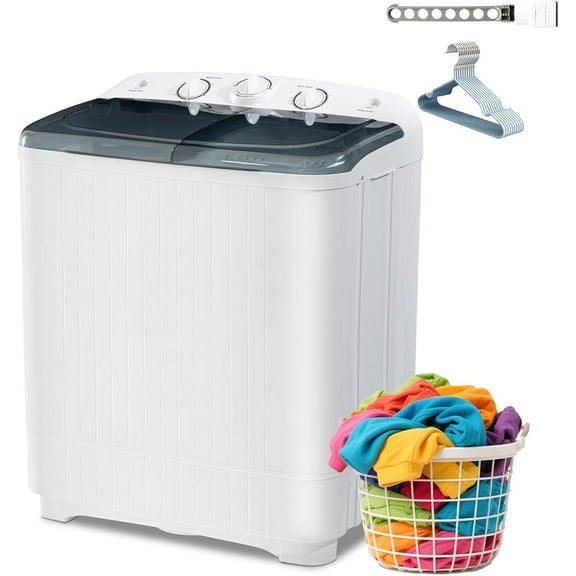 Portable 22 lbs Twin Tub Washing Machine with Drying Rack, 13 lbs Washer Mini Compact Laundry Machine and 9 lbs Spinner, Semi-automatic Washer Combo for Dorms, Apartments