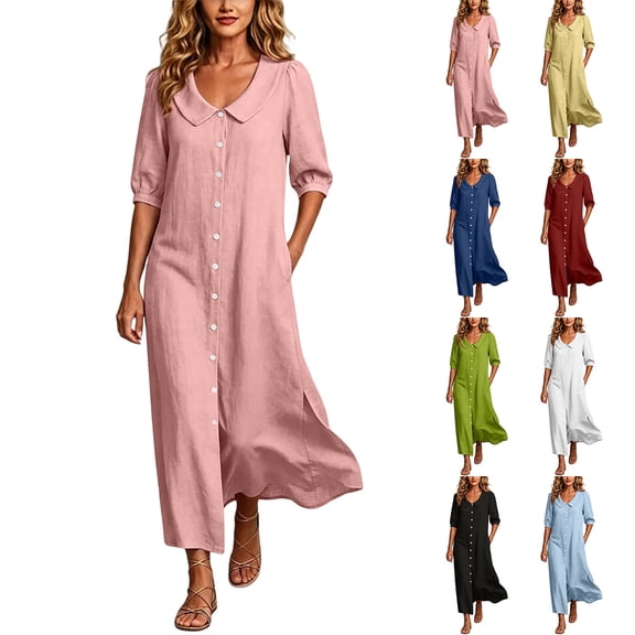 Omexry Beach Dresses for Women Women Casual 3/4 Sleeve Solid Turndown CollarButtons Hem Slitted Long Dresses